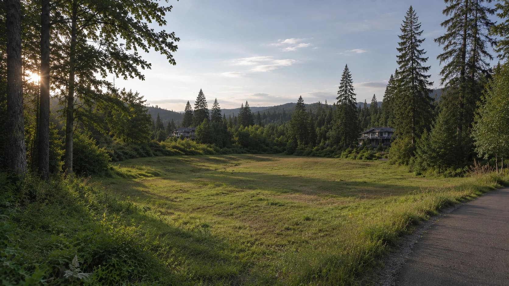 An open meadow building lot with road frontage, bordered by evergreens in the Pacific Northwest