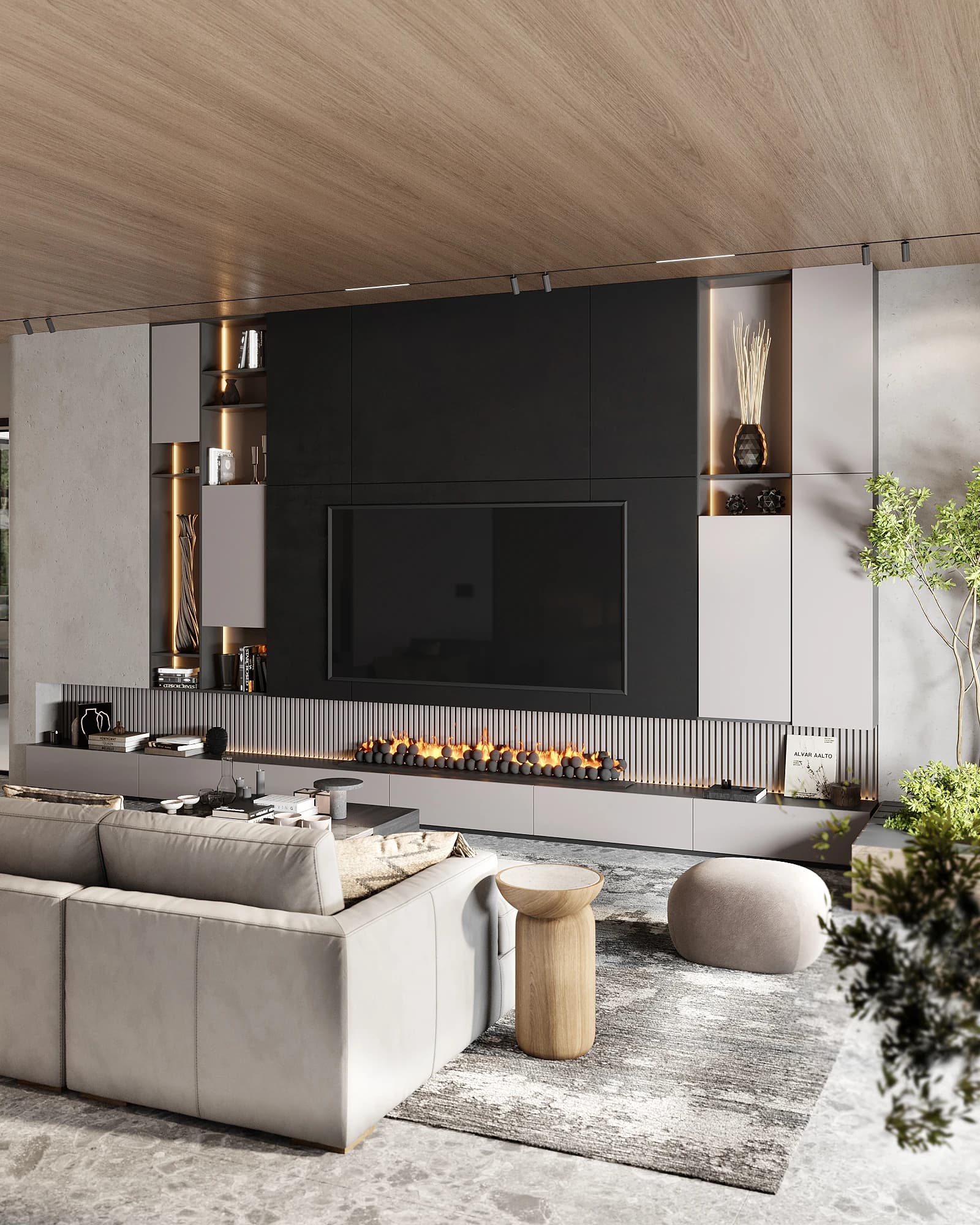 Living room with linear fireplace and dark paneled media wall