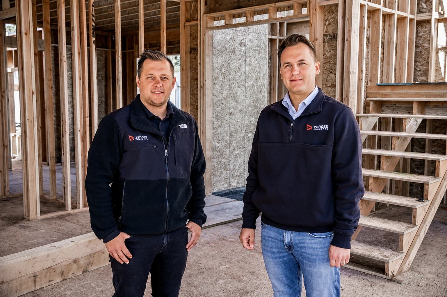 Alex and Ivan Zabolotskiy, founders of Zaboss Concepts custom home builders, standing inside a framed home under construction in Vancouver WA